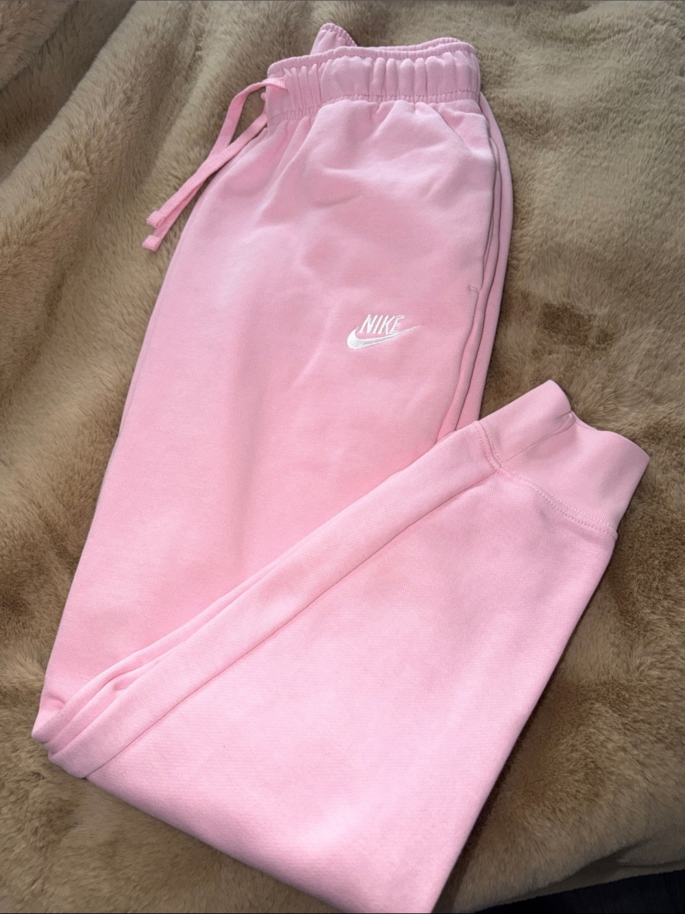 Nike Womens Pink Pullover Fleece Joggers with White Swoosh
